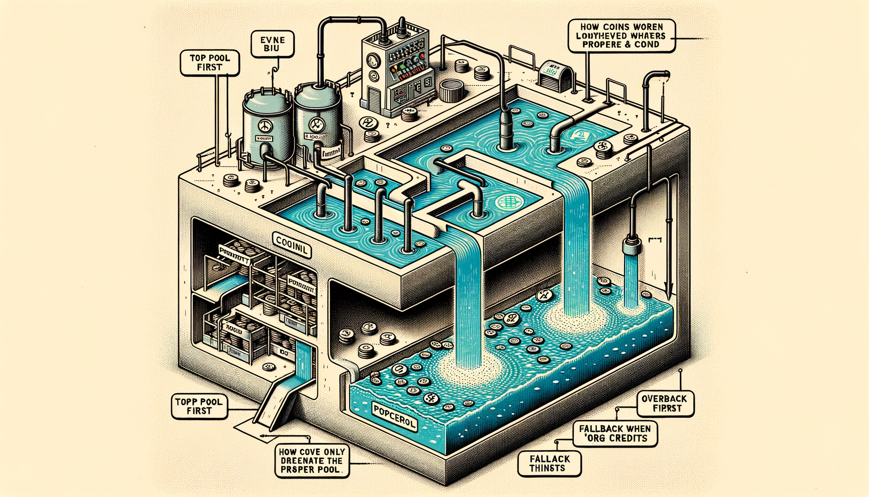 Cutaway diagram showing property actions as the primary pool with org actions as the fallback reservoir