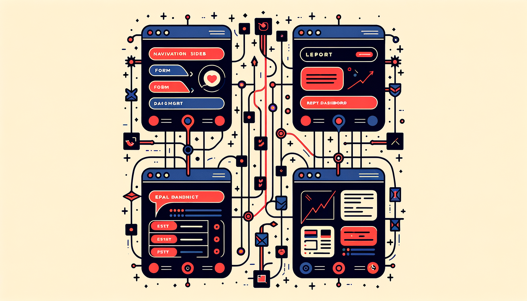 Four UI panels connected by a single red thread showing consistent property-specific labels across navigation, forms, reports, and emails