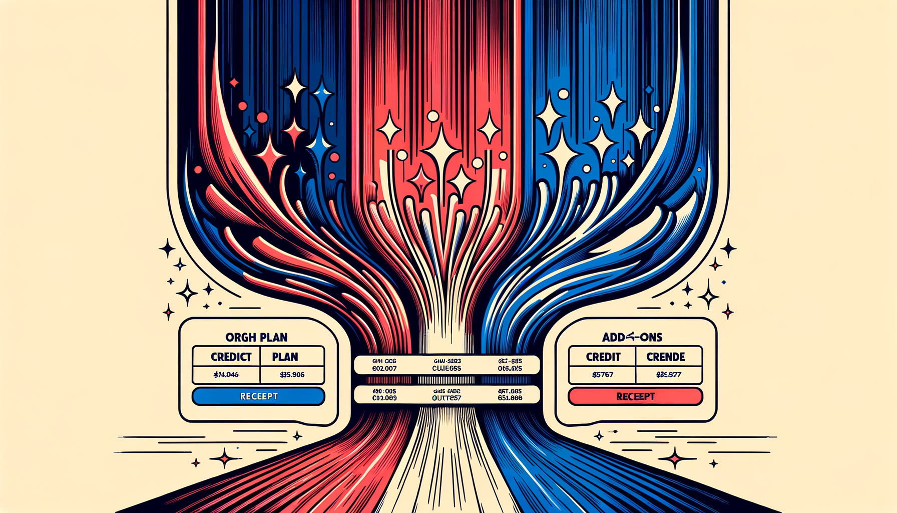 Product streams — plan and add-ons — converging into a single Stripe checkout funnel producing one receipt