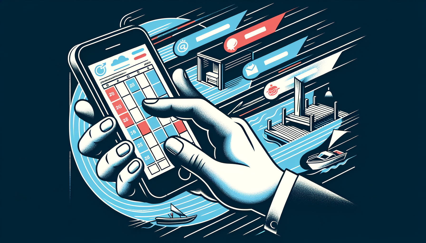 A hand holding a phone with a calendar week view, booking bars extending beyond the screen into real-world scenes