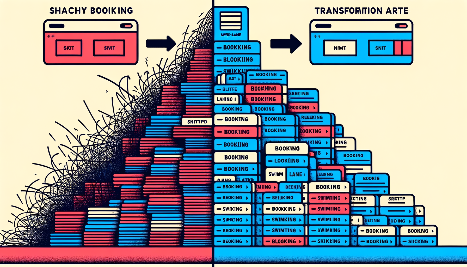Before and after comparison: chaotic stacked bookings versus clean swim-lane layout with each booking in its own lane