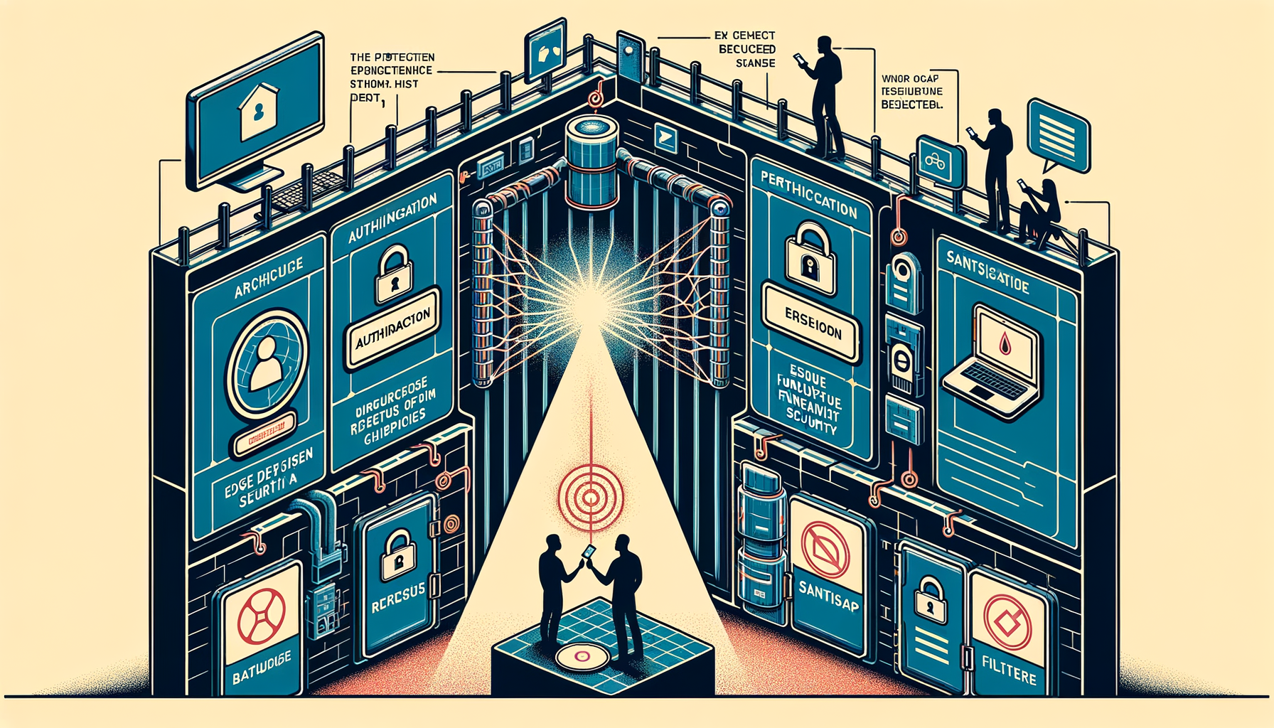 Cross-section illustration showing requests passing through authentication, permission, and sanitisation gates before reaching the database